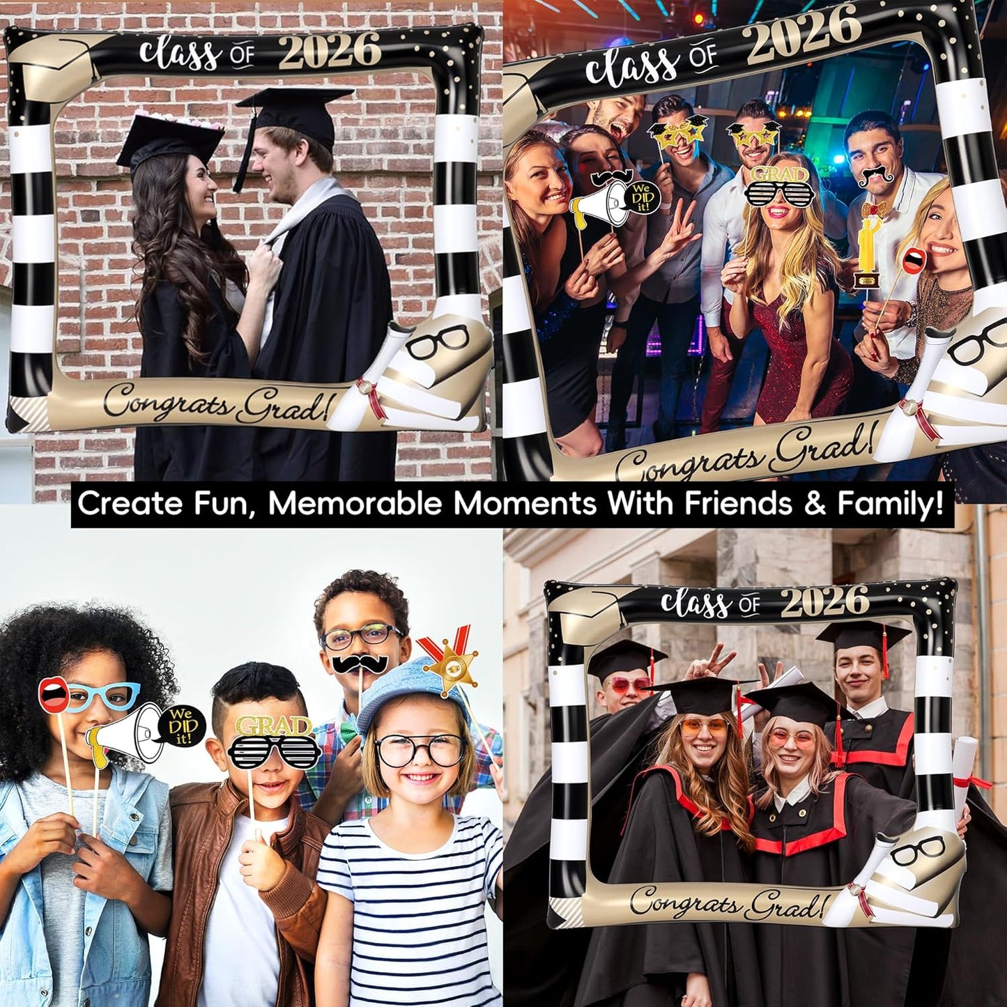 POPGIFTU Class of 2026 Graduation Photo Booth Frame, Inflatable Selfie Frame 31" x 24", Black Gold Congrats Grad Photo Booth Props for Graduation Party Decorations 2026
