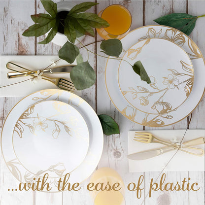 PLASTICPRO [16 OZ 20 Count] White Plastic Floral Design Party Soup bowls With Gold Rim Premium heavyweight Elegant Disposable Tableware Dishes