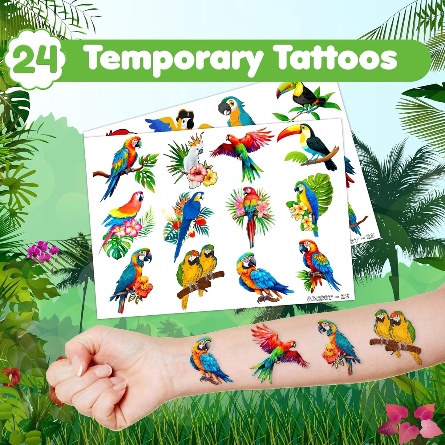 Cherisnowy 48PCS Parrot Party Set - 24PCS Temporary Tattoos & 24PCS Slap Bracelets - Tropical Birthday Supplies, Baby Shower Gifts, Classroom Rewards & Party Decor for Kids (Boys & Girls)