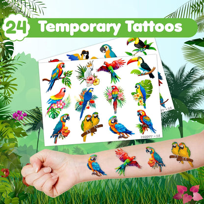Cherisnowy 48PCS Parrot Party Set - 24PCS Temporary Tattoos & 24PCS Slap Bracelets - Tropical Birthday Supplies, Baby Shower Gifts, Classroom Rewards & Party Decor for Kids (Boys & Girls)