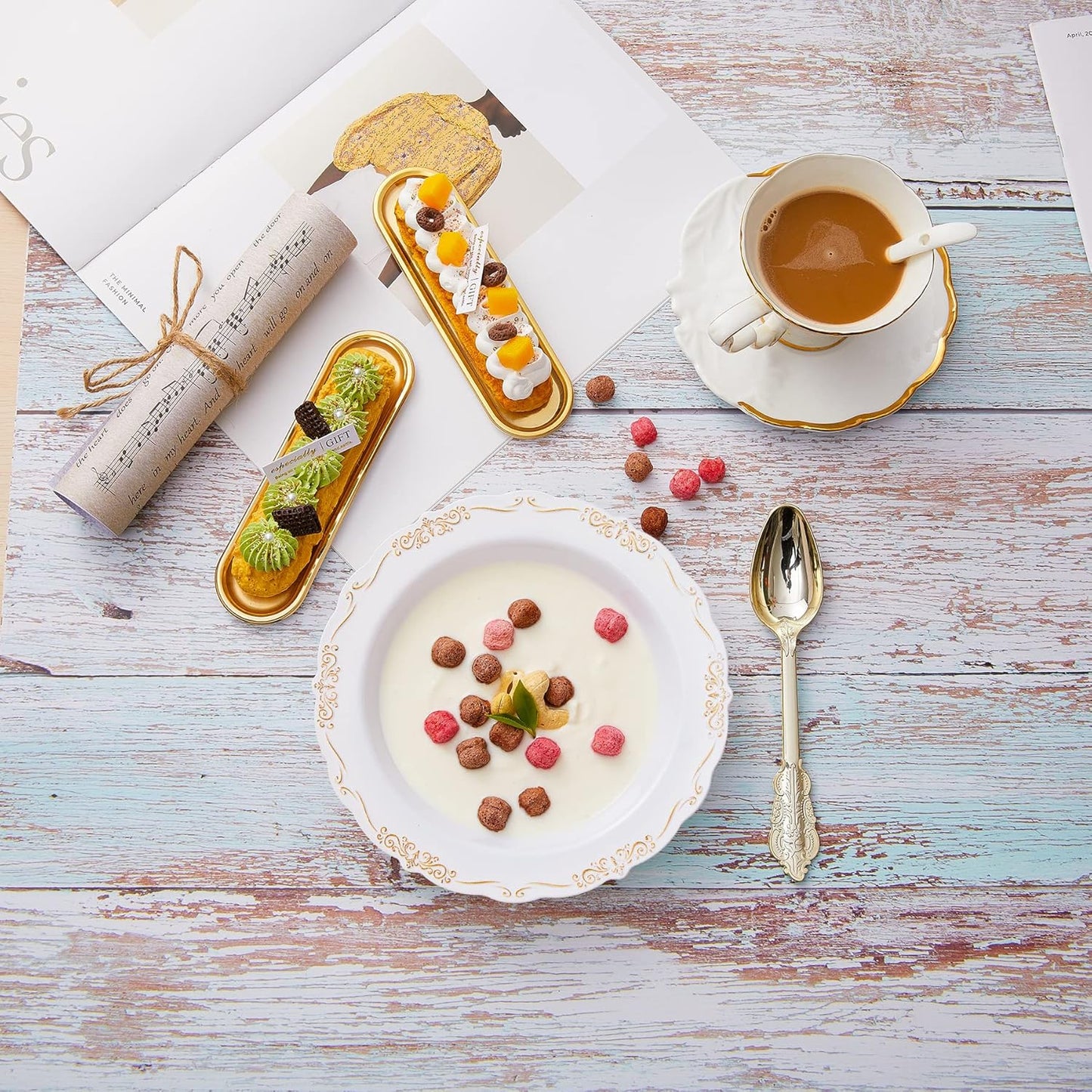 N9R 30PCS Disposable Plastic Bowls with Gold Rim, 12 oz Fancy White Plastic Bowls, Premium Dessert Salad Bowls Perfect for Party, Wedding and Everyday Use