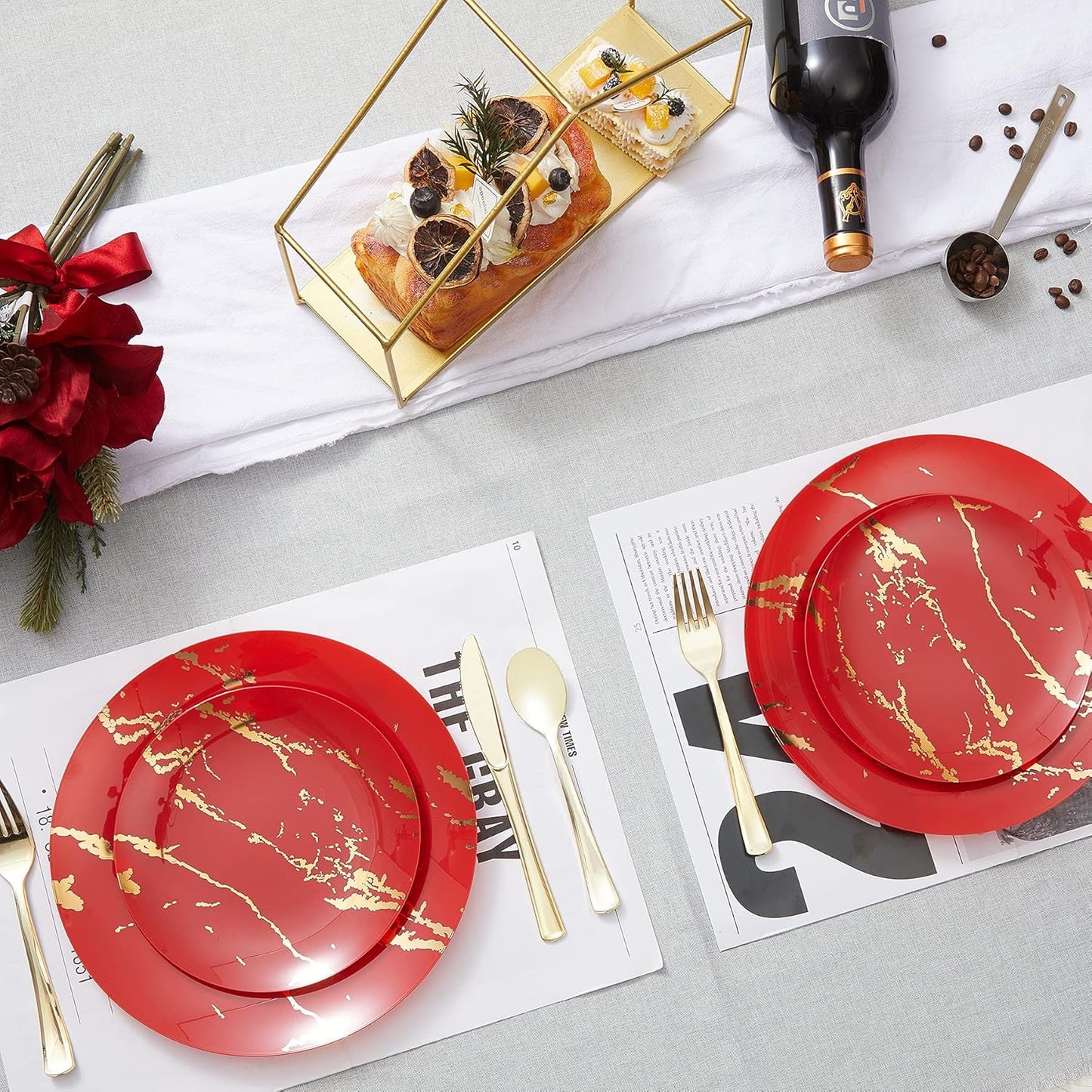 N9R 300PCS Gold Plastic Silverware, Heavy Duty Gold Plastic Cutlery Set Disposable Flatware Dinnerware, 100 Forks, 100 Spoons, 100 Knives, Perfect for Party, Wedding and Daily Use