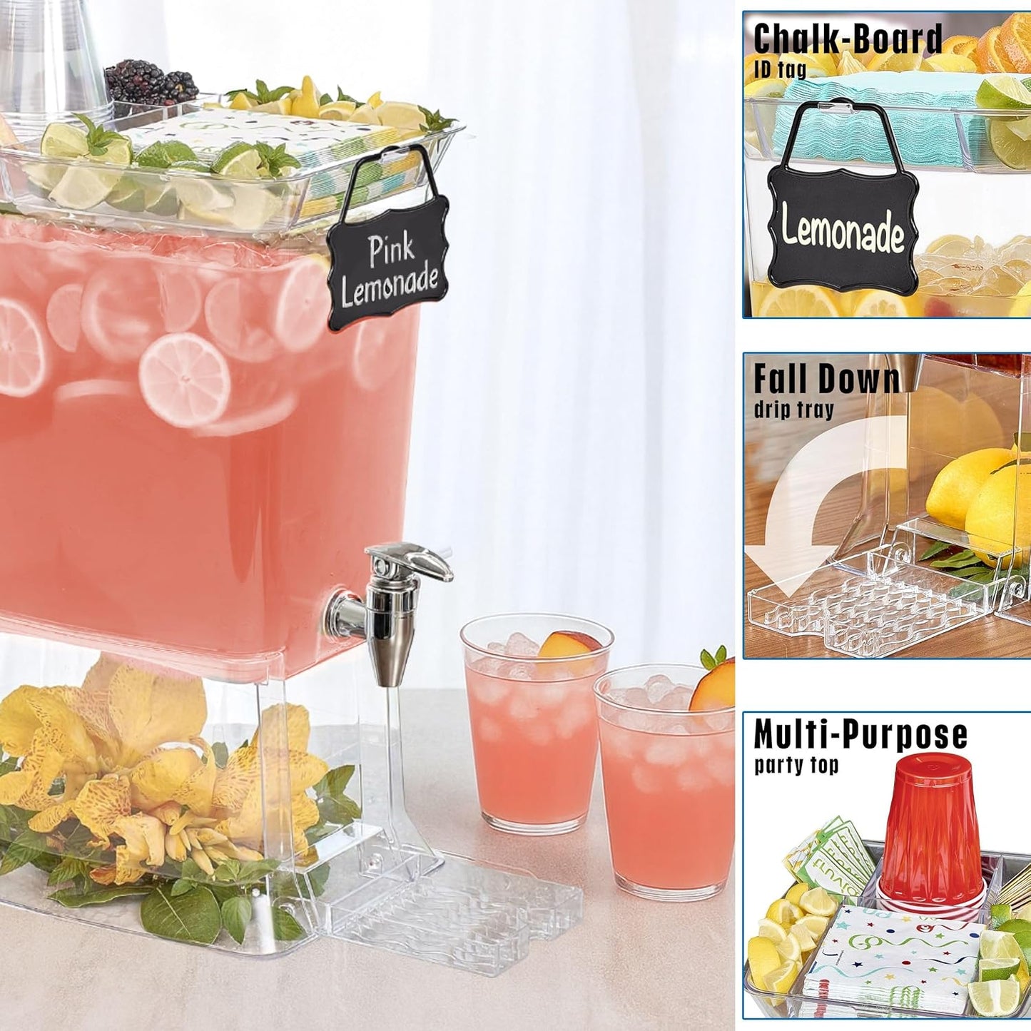 Buddeez Tritan™ Beverage Dispenser with Party Tray Lid - 2.5 Gallon Cold Drink Dispenser for Juice, Iced Tea, Lemonade, Water