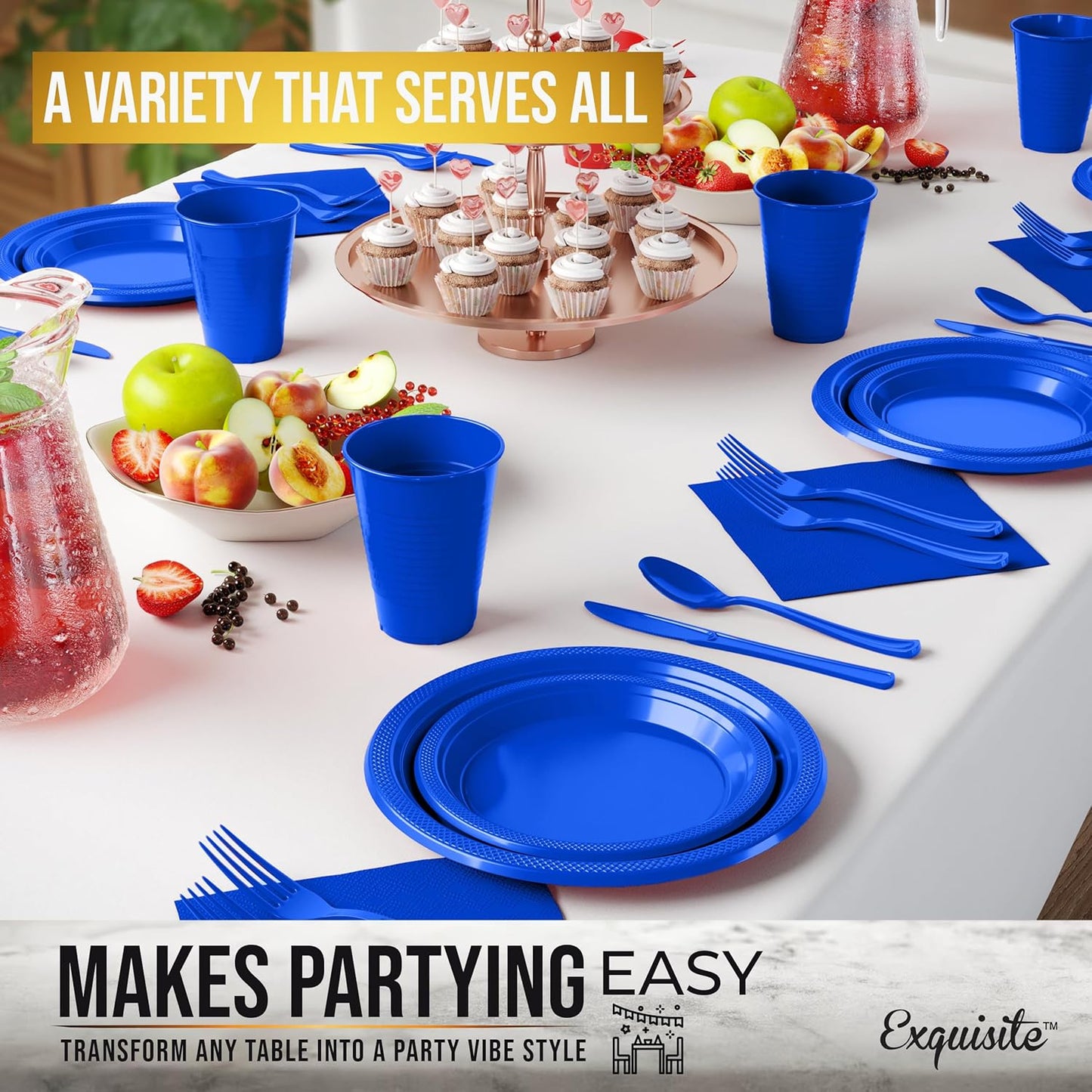 350 Pcs Black Plastic Plates For Party, Black Disposable Plates Set, 50 Of Each 9" Dinner Plate Set, 7" Dessert Plate, Cups, Napkins & Cutlery Plastic Dinnerware Set Exquisite