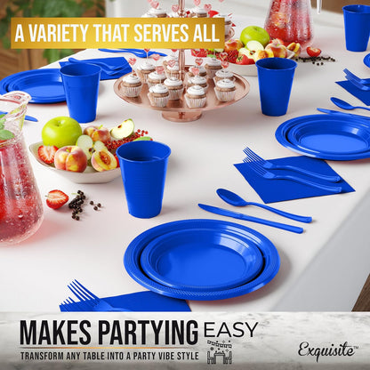 350 Pcs Black Plastic Plates For Party, Black Disposable Plates Set, 50 Of Each 9" Dinner Plate Set, 7" Dessert Plate, Cups, Napkins & Cutlery Plastic Dinnerware Set Exquisite
