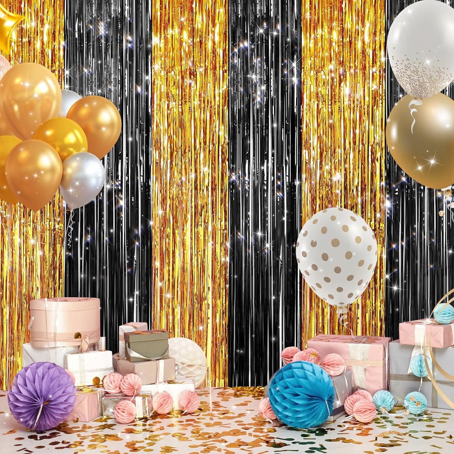 GCB 2Pack Black Metallic Tinsel Foil Fringe Curtains, Black Foil Curtain Backdrop, Photo Booth Props for Birthday Wedding Baby Shower Bachelorette Xmas Celebration Party Decorations Door Streamers