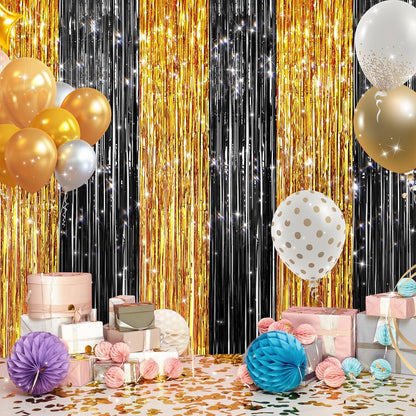 GCB 2Pack Black Metallic Tinsel Foil Fringe Curtains, Black Foil Curtain Backdrop, Photo Booth Props for Birthday Wedding Baby Shower Bachelorette Xmas Celebration Party Decorations Door Streamers
