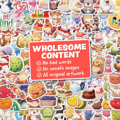 Cute Stickers for Kids - Kawaii Water Bottle Stickers for Teens - 108pc Sticker Pack - Waterproof Vinyl Stickers for Water Bottles, Scrapbook, Laptops, Etc.