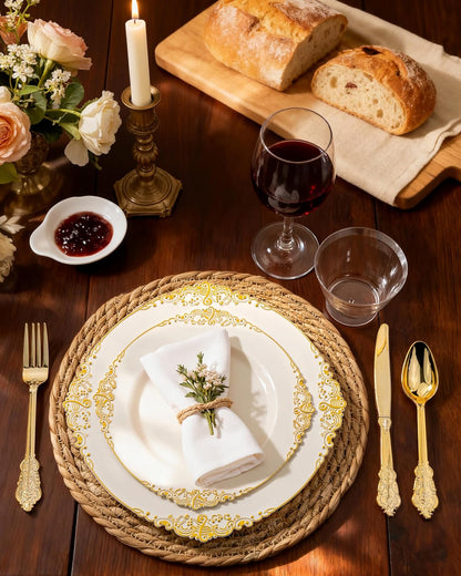 Nervure 350PCS Gold Plastic Plates - Gold Plastic Dinnerware Sets for 50 Guests - 100 Disposable Plates, 150 Silverware, 50 Cups, 50 Napkins for Wedding & Party & Mothers Day
