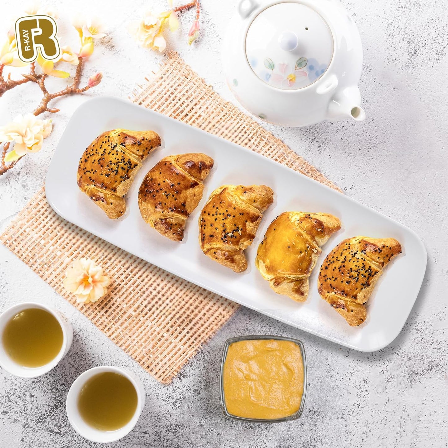 R-kay 4 Pack White Plastic Serving Trays for Party - White Serving Tray 17 by 6.5 in - Rectangular Heavy Duty Dessert Trays for Food