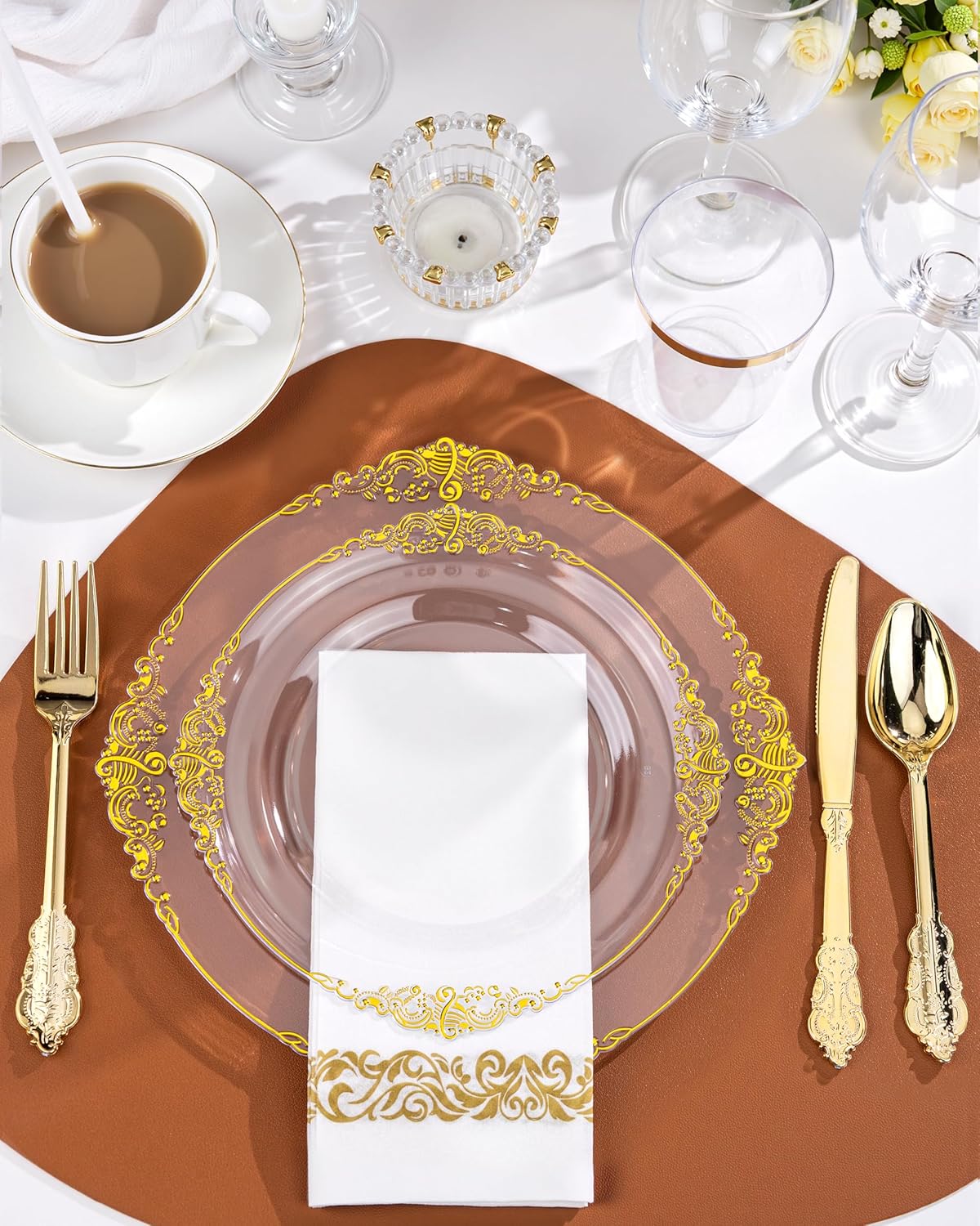 Nervure 350PCS Gold Plastic Plates - Gold Plastic Dinnerware Sets for 50 Guests - 100 Disposable Plates, 150 Silverware, 50 Cups, 50 Napkins for Wedding & Party & Mothers Day