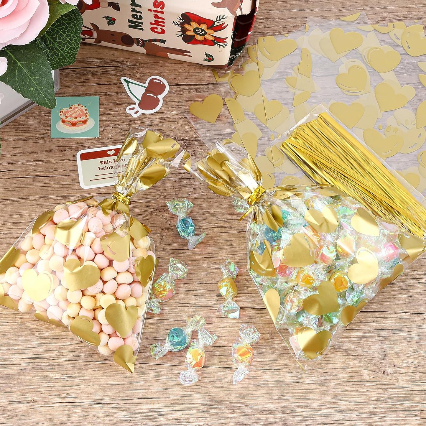 100 Pcs Star Printed 5"X 7" Gift Wrap Cello Cellophane Treat Bags Party Favor bags Clear Candy Cookie Bag Plastic Poly Goodie Storage Bag with Twist Ties for Bakery,Birthday, Wedding ,Party Decorations (Gold)