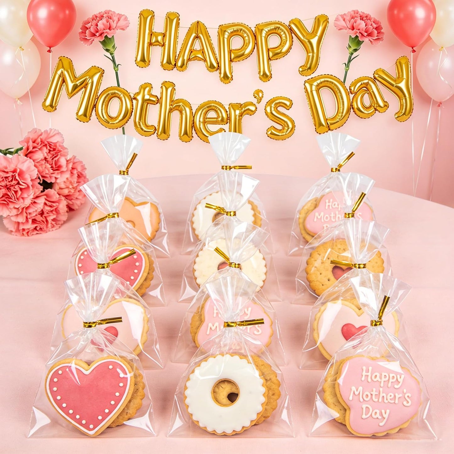 LOKQING Clear Cellophane Treat Bags 6 x 10 in, 100 Pack Mothers Day Gift Bags with Twist Ties, Bags for Cookies, Candy, Party Favors, Bakery Packaging and Small Gifts