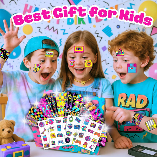 72PCS 90s & 80s Party Favors - 48PCS Pre-Cut Tattoos & 24PCS Slap Bracelets, Retro 90s Birthday Party Supplies Decorations, Ideal for Kids’ Classroom Prizes & Rewards for Boys & Girls