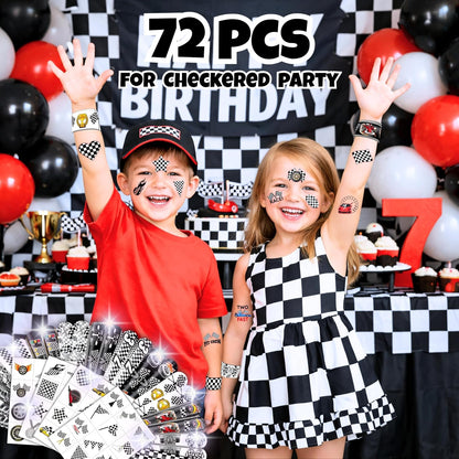 72PCS Checkered Flag Party Set - 48PCS Temporary Tattoos & 24PCS Slap Bracelets - Racing-Themed Birthday Supplies, Baby Shower Gifts, Classroom Rewards & Party Decor