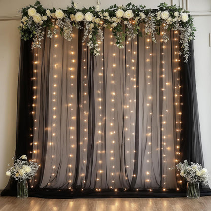 Fomcet Tulle Backdrop Curtains with Lights String White 10FT X 8FT Sheer Curtain with Lights Tulle Curtains Backdrop for Wedding Birthday Party Baby Shower Photo Shoot (2 Panels 5x8FT)