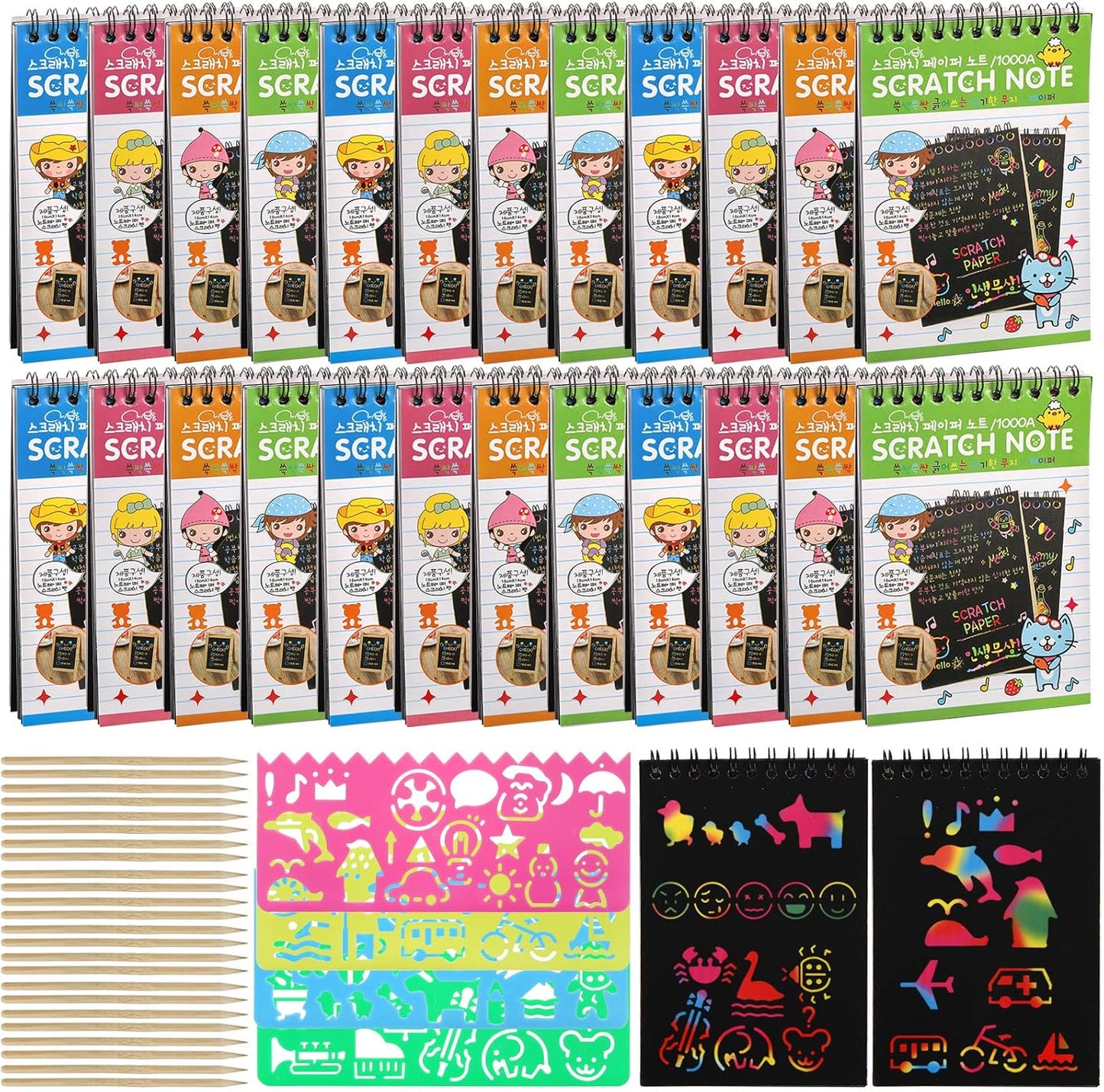 Suwimut 24 Pack Scratch Paper Art for Kids, Scratch Off Notebook Black Coloring Books with 24 Wooden Stylus & 4 Drawing Stencils for Age 4-12 Boys Girls Party Favor Halloween Christmas Birthday Gift