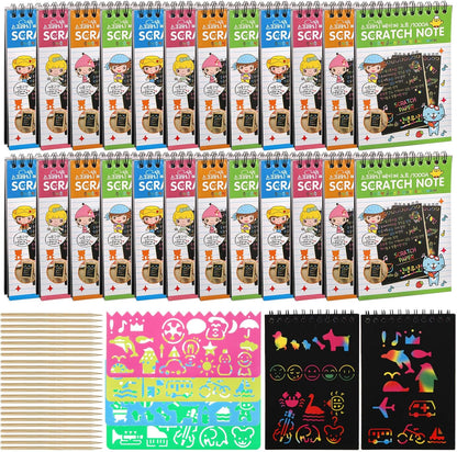 Suwimut 24 Pack Scratch Paper Art for Kids, Scratch Off Notebook Black Coloring Books with 24 Wooden Stylus & 4 Drawing Stencils for Age 4-12 Boys Girls Party Favor Halloween Christmas Birthday Gift