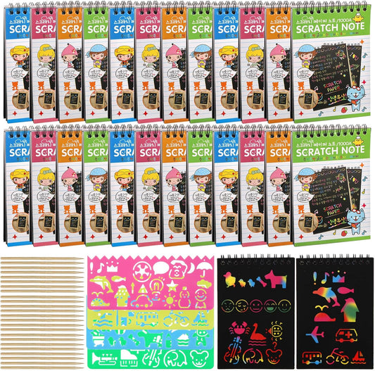 Suwimut 24 Pack Scratch Paper Art for Kids, Scratch Off Notebook Black Coloring Books with 24 Wooden Stylus & 4 Drawing Stencils for Age 4-12 Boys Girls Party Favor Halloween Christmas Birthday Gift