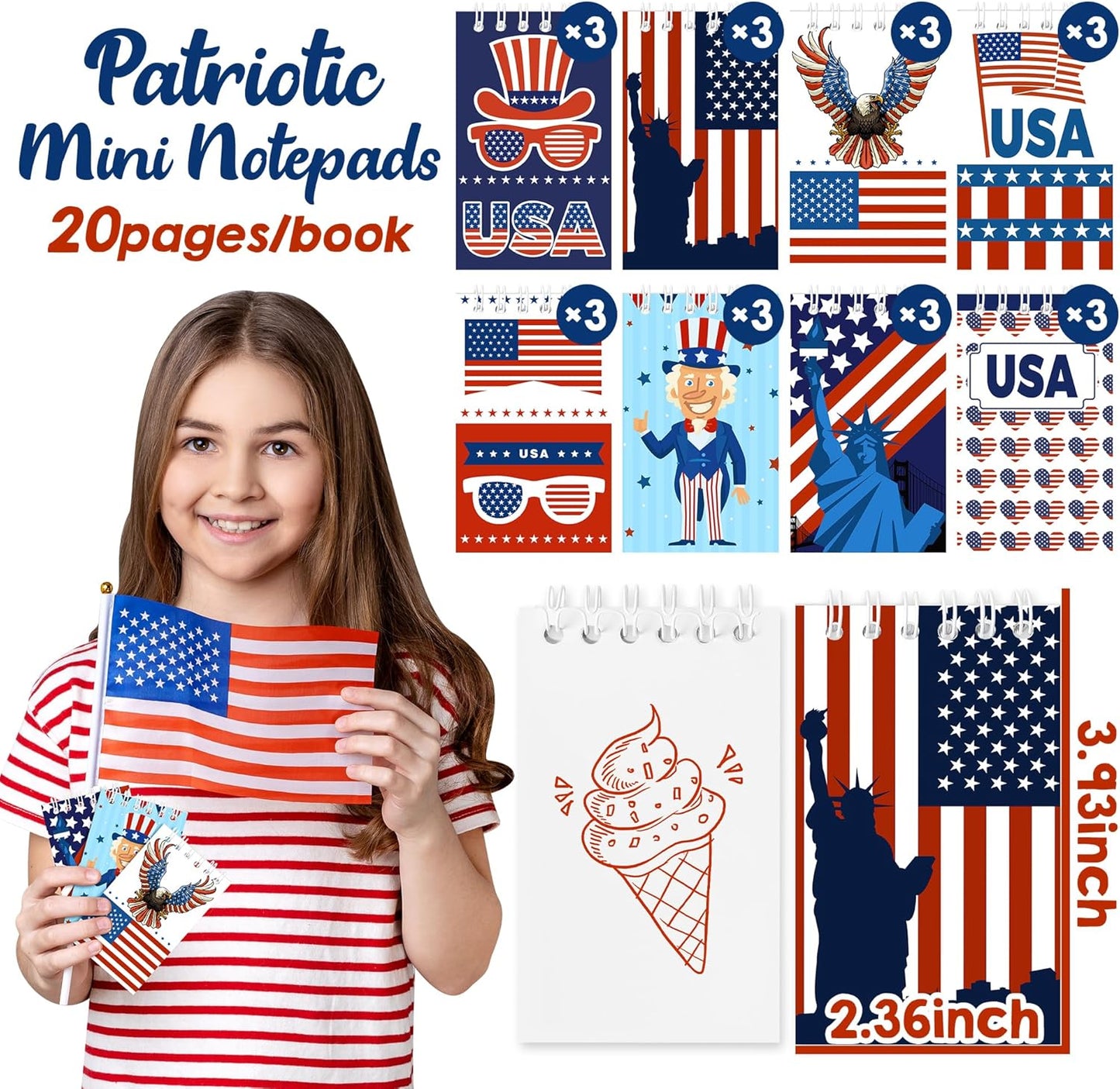 24Pcs Patriotic Mini Notepads, Red White Blue 4th of July Spiral Notebooks Bulk, USA American Pocket Memo Pads for Memorial Independence Day 250th anniversary Party Favors Gifts Office School Supplies