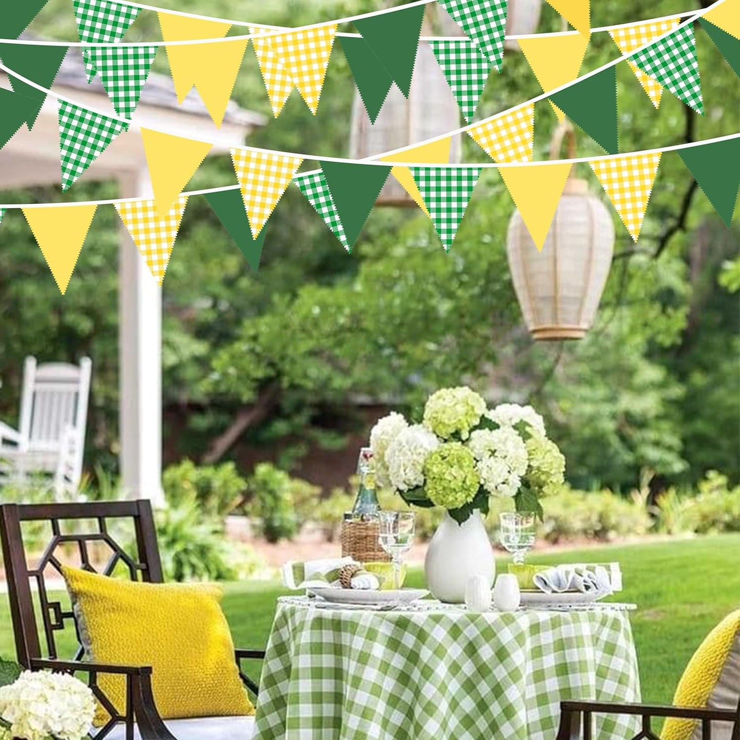 32Ft Dusty Blue Party Decorations Retro Blue Gingham Triangle Banner Flag Pennant Fabric Garland Streamers for Nautical Wedding Birthday Ahoy Achor Bridal Baby Shower Under The Sea Decor Supplies