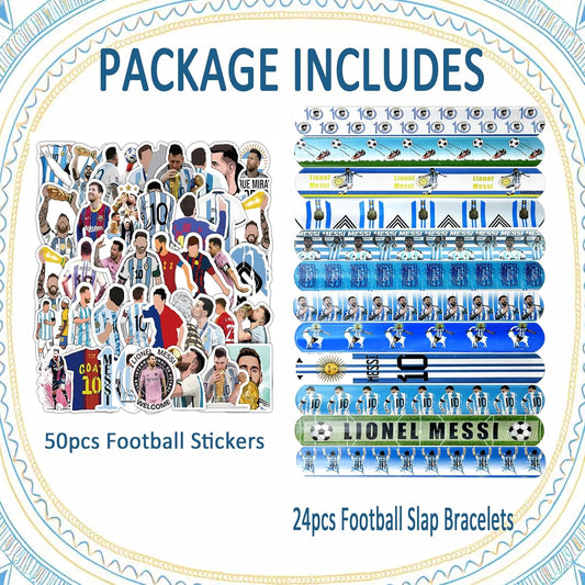 Soccer Star Champion Party Set – 24pcs Slap Bracelets & 50pcs Stickers, Football Legend Theme Party Favors for Birthday Gifts and Party Supply Favor