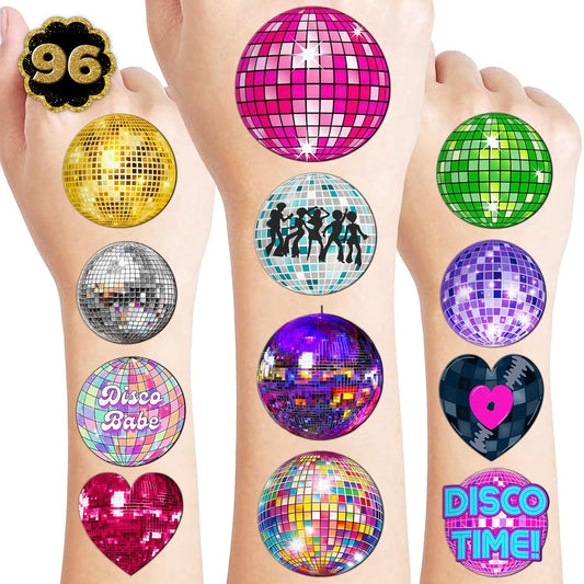 96PCS Disco Ball Temporary Tattoos Pre-Cut 70s Themed Birthday Party Favors Decorations Supplies Decor Cute 1970s Dance Dancing Tattoo Stickers Gifts For Kids Girls Boys Prizes Carnival