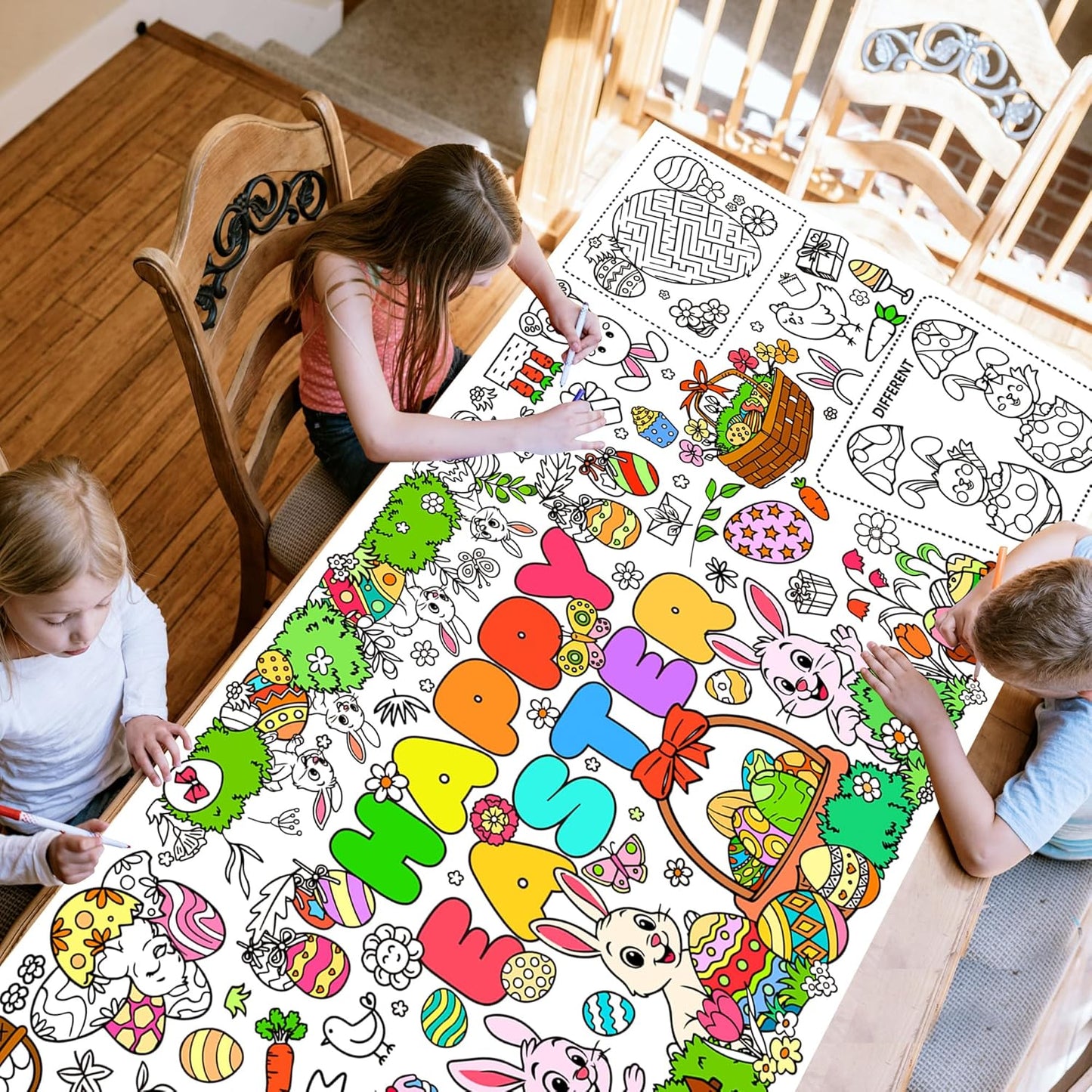 Easter Coloring Poster for Kids 30x72 Inch Bunny Giant Coloring Tablecloth Happy Easter Crafts Paper Table Cover for Gifts Activities Games Classroom Wall School Home Parties