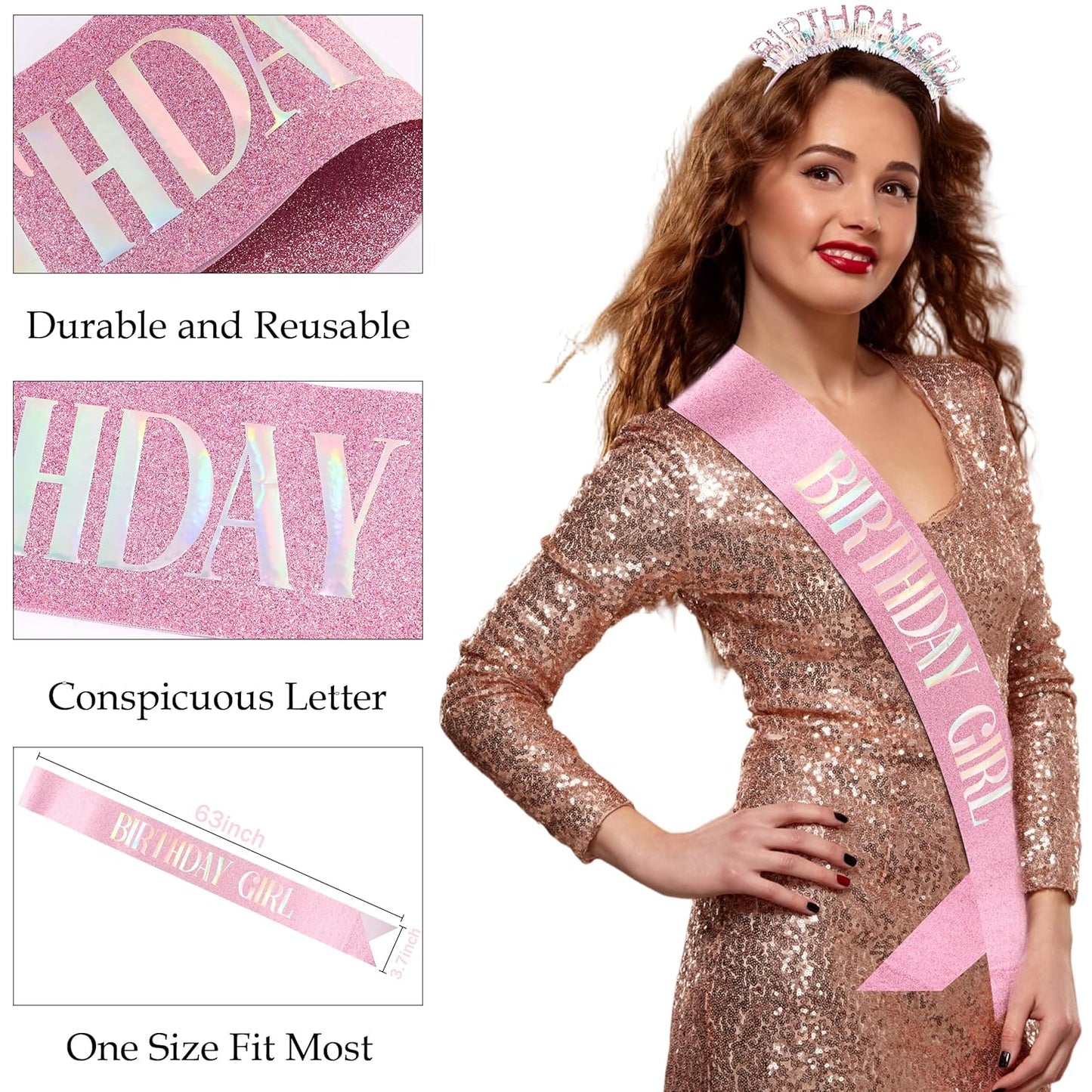 COCIDE Birthday Girl Headband & Sash - Birthday Crown for Women & Girls Pink Glitter Letter Tiara Birth Day Decorations Accessories Gift for Her (A1 Pink)