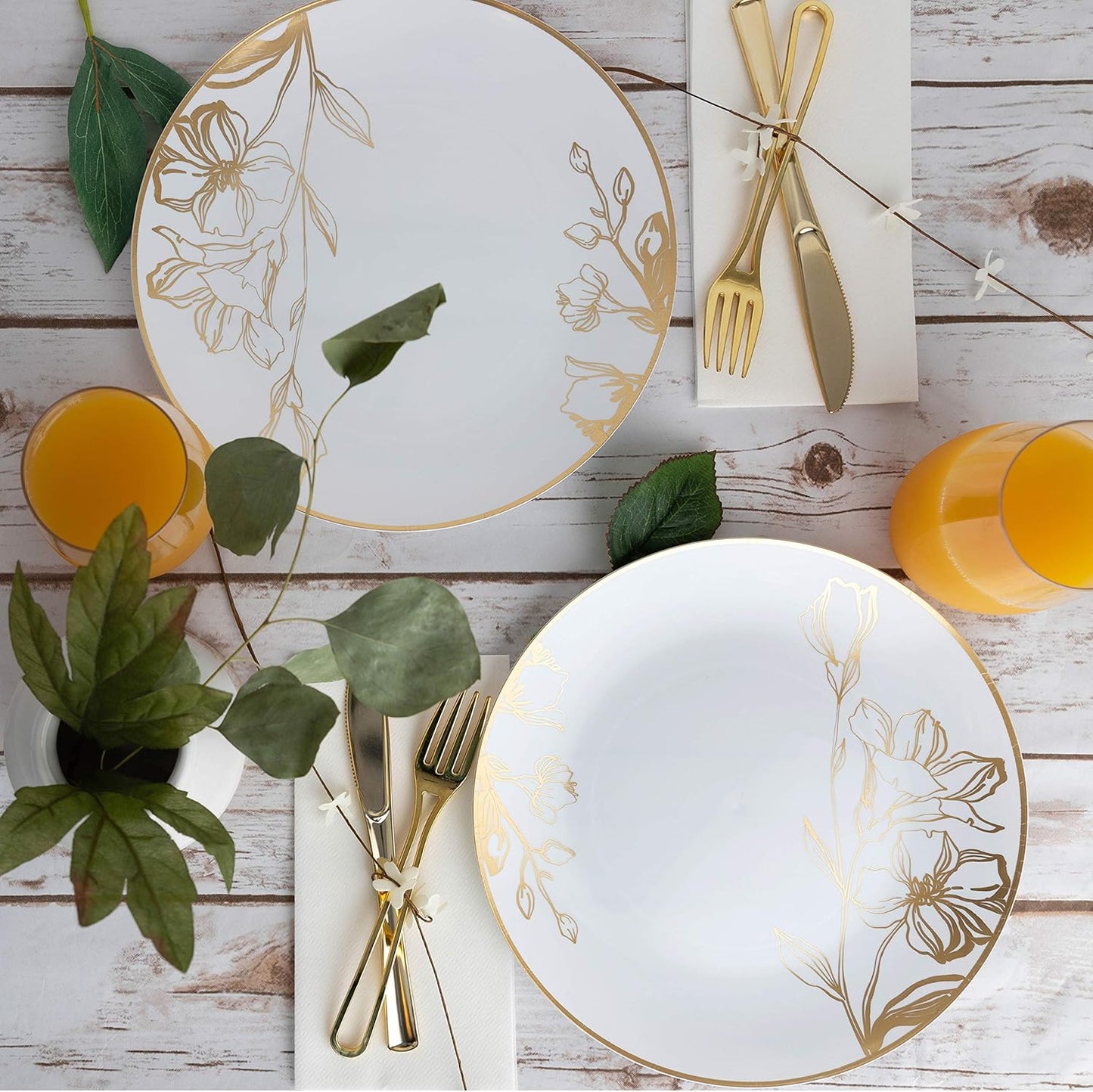 PLASTICPRO [16 OZ 20 Count] White Plastic Floral Design Party Soup bowls With Gold Rim Premium heavyweight Elegant Disposable Tableware Dishes