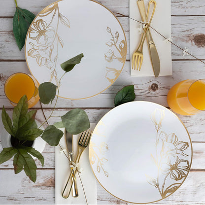 PLASTICPRO [16 OZ 20 Count] White Plastic Floral Design Party Soup bowls With Gold Rim Premium heavyweight Elegant Disposable Tableware Dishes