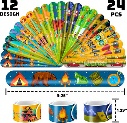 48 PCS Camping Party Favors 24PCS Tattoos Sticker 24PCS Slap Bracelets Wristbands Perfect for Camp Themed Birthday Baby Showers or Classroom Rewards Ideal Decor and Gifts for Girls Boys (Camping 2)