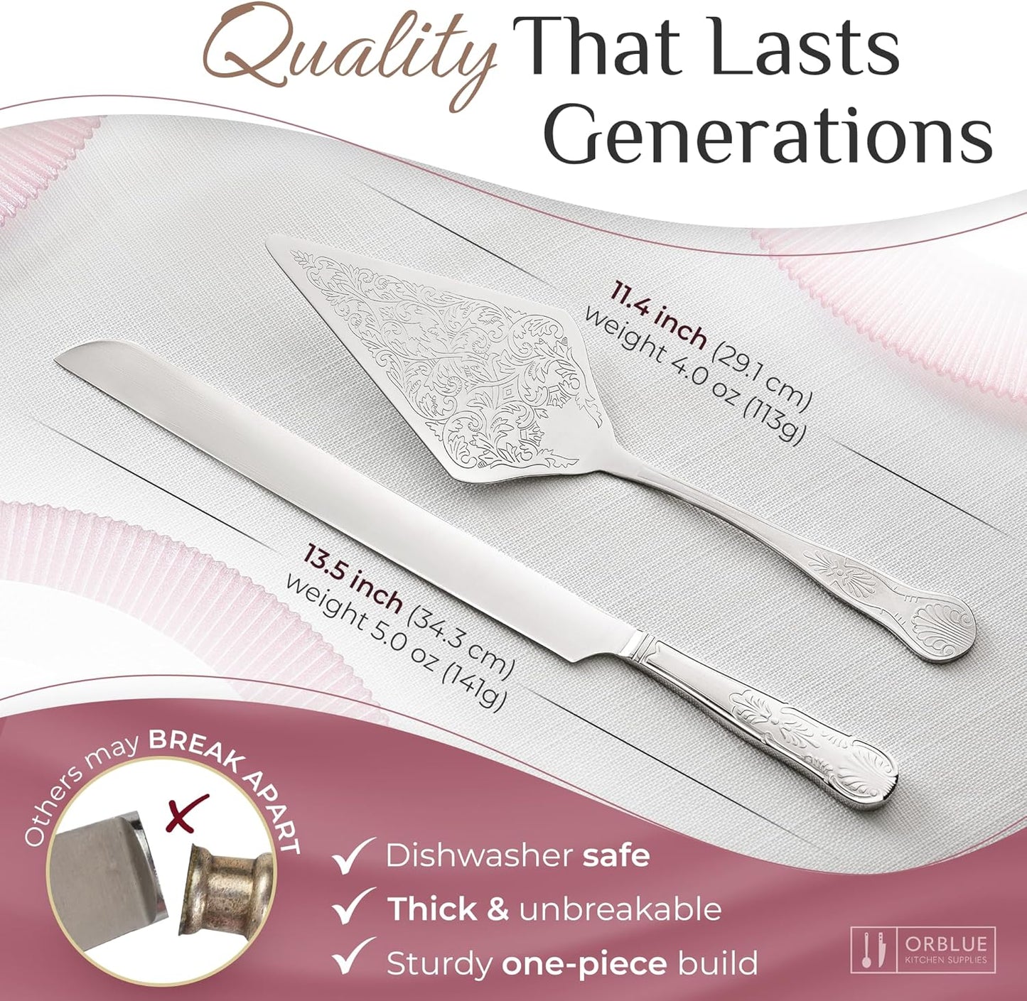 Orblue Wedding Cake Knife and Server Set - Premium, Beautifully Engraved Cutting Set - Elegant Keepsake for Newlyweds - Light Gold