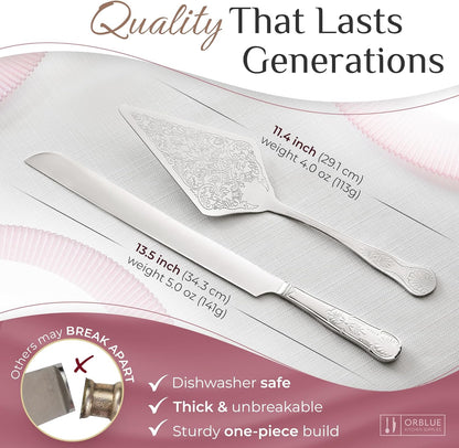 Orblue Wedding Cake Knife and Server Set - Premium, Beautifully Engraved Cutting Set - Elegant Keepsake for Newlyweds - Light Gold