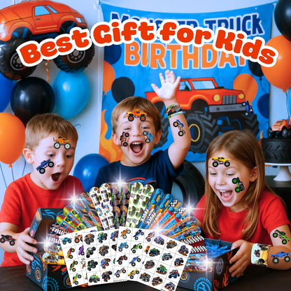 72PCS Monster Truck Party Favors | 48 Pre Cut Temporary Tattoos 24 Slap Bracelets Kids Boys Birthday Party Supplies Classroom Prizes School Rewards