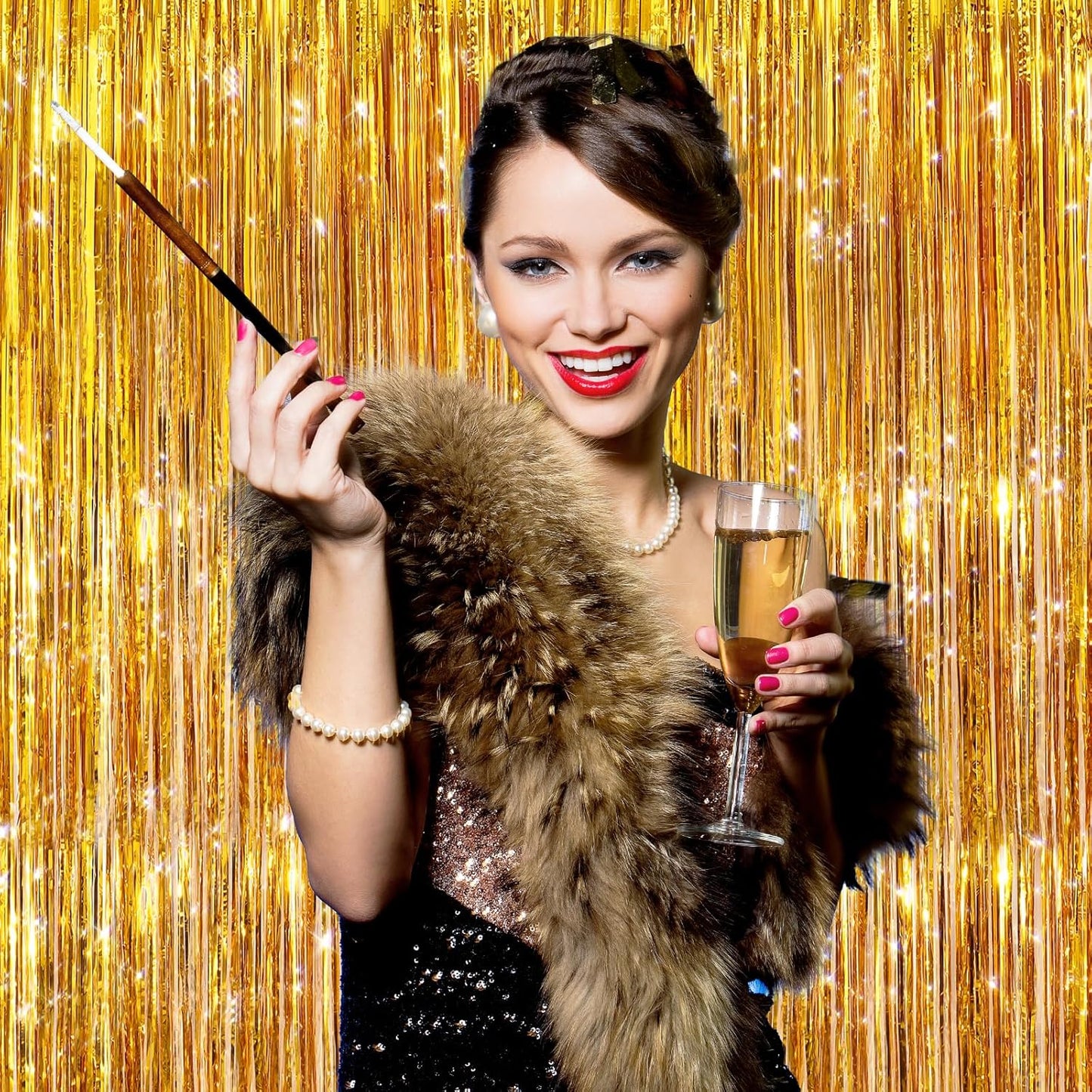 GCB 2Pack Black Metallic Tinsel Foil Fringe Curtains, Black Foil Curtain Backdrop, Photo Booth Props for Birthday Wedding Baby Shower Bachelorette Xmas Celebration Party Decorations Door Streamers