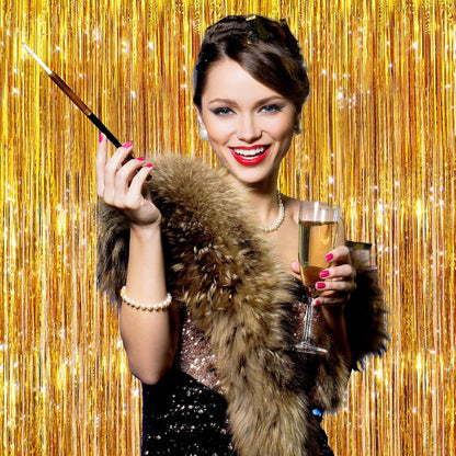GCB 2Pack Black Metallic Tinsel Foil Fringe Curtains, Black Foil Curtain Backdrop, Photo Booth Props for Birthday Wedding Baby Shower Bachelorette Xmas Celebration Party Decorations Door Streamers