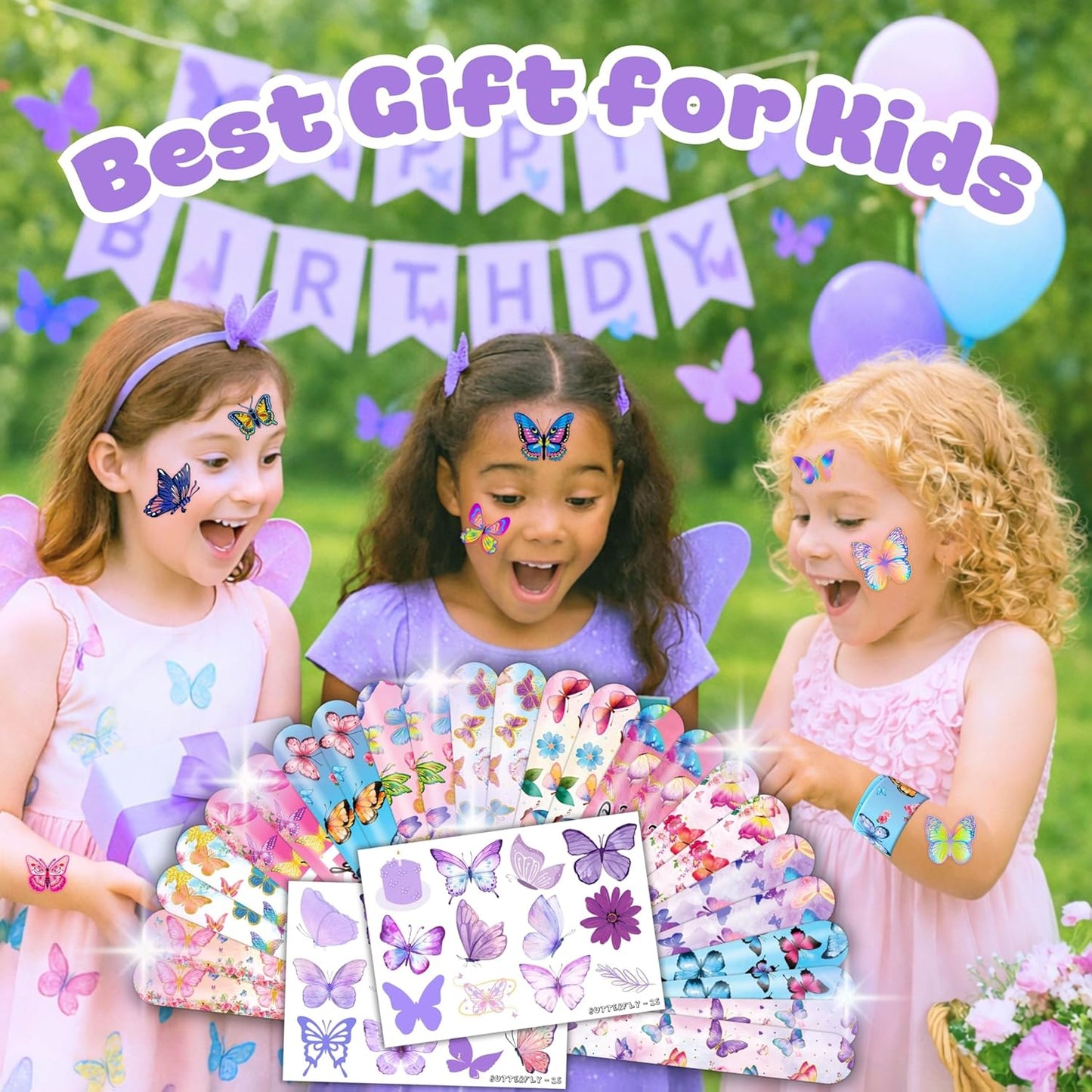 48 PCS Butterfly Party Set: 24 PCS Temporary Tattoos & 24 PCS Slap Bracelets - Cute Butterfly-Themed Gifts for Kids, Girls, Boys - Birthday Parties, Baby Showers, Classroom Rewards, Party Decorations