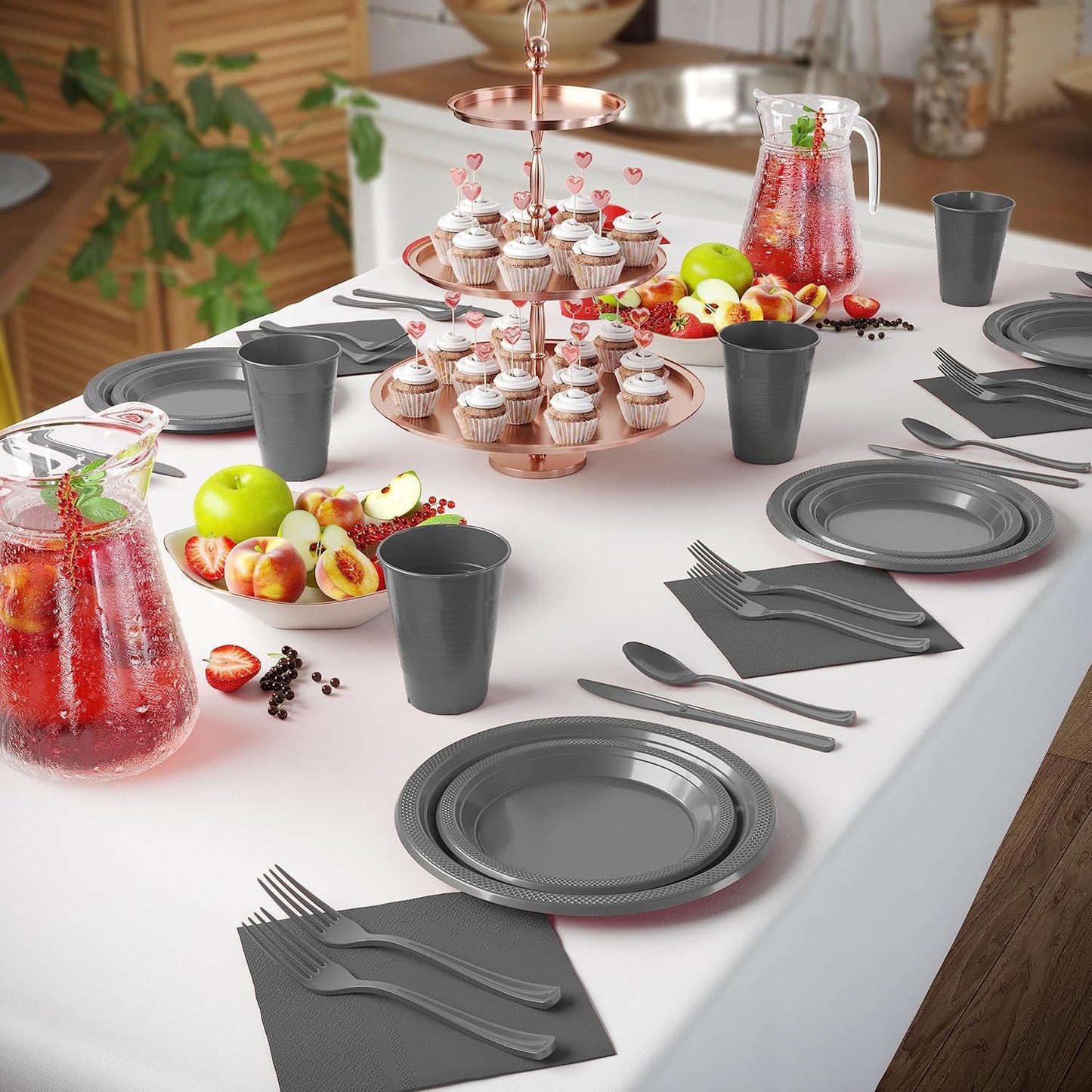 350 Pcs Black Plastic Plates For Party, Black Disposable Plates Set, 50 Of Each 9" Dinner Plate Set, 7" Dessert Plate, Cups, Napkins & Cutlery Plastic Dinnerware Set Exquisite