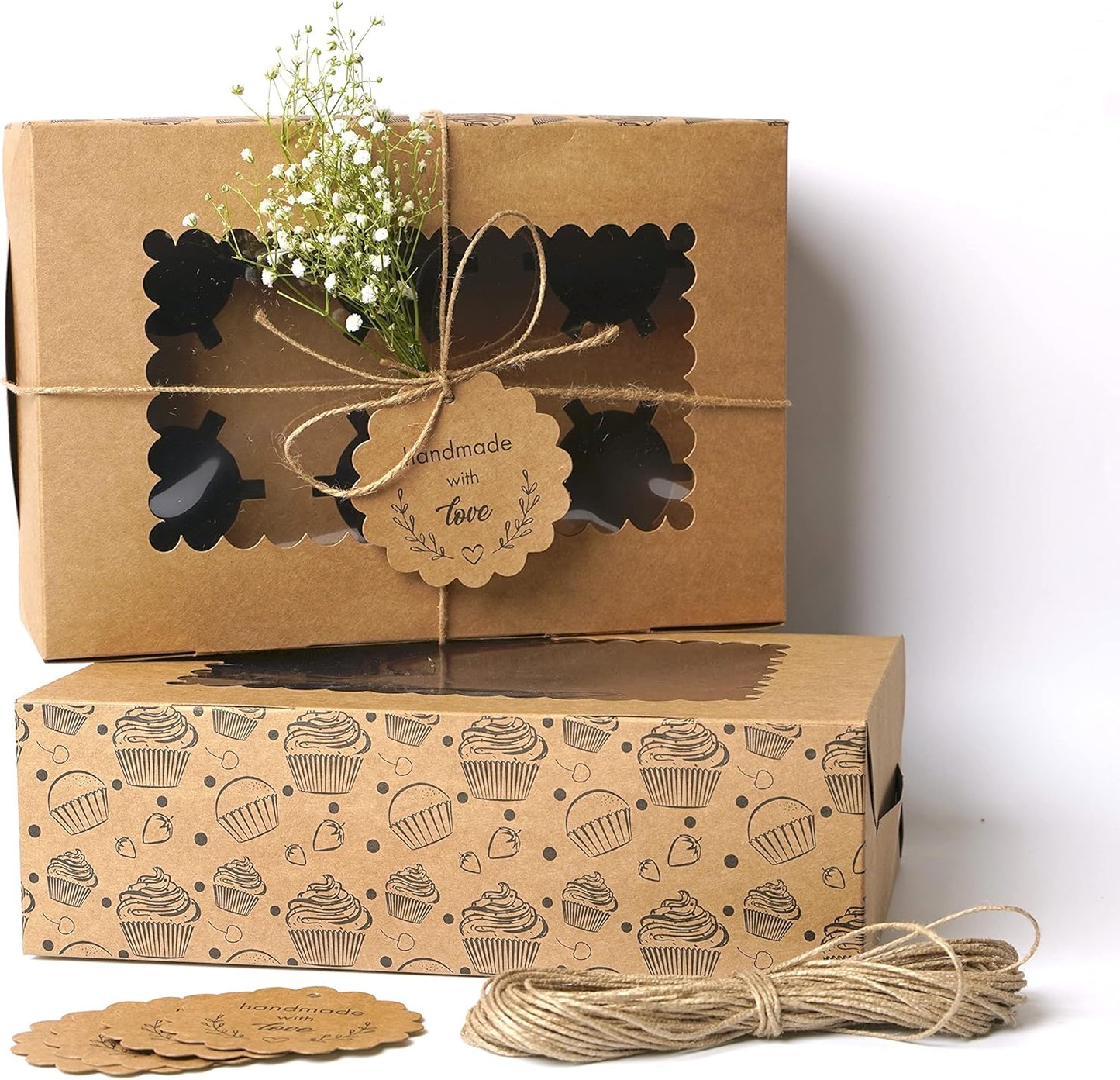 20-Pack Brown Cupcake Boxes with Insert Trays, Tags and Twine | Food Grade Kraft Bakery Boxes with Window to Fit 6 Cupcakes