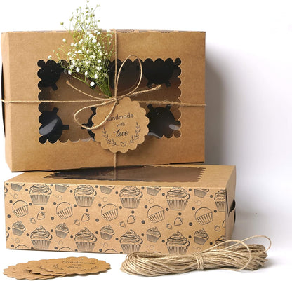 20-Pack Brown Cupcake Boxes with Insert Trays, Tags and Twine | Food Grade Kraft Bakery Boxes with Window to Fit 6 Cupcakes