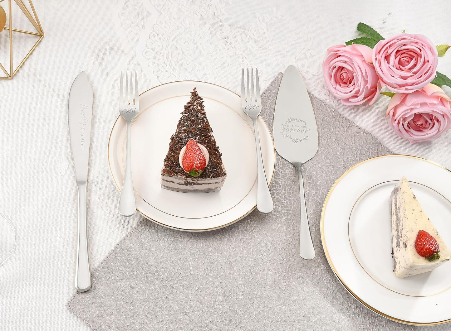 Wedding cake cutting set, Sliver Wedding Presents for Couples, 4 Pieces Set with Forks for Engagements, Bridal Shower Anniversary Engagement Presents For Mr and Mrs