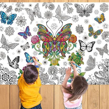43.3x31.5 Summer Coloring Poster with Picture, Giant Cute Painting Poster, Large Coloring Tablecloth for Classroom Home Birthday Party Supplies Favor