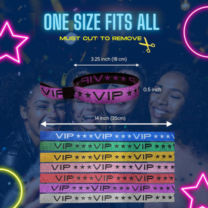 100 Pack Glitter Gold VIP Party Wristbands with Secure Locking Clip. Must Have Adjustable Sparkle VIP Wrist Bands for Events, Parties, Weddings and Festivals