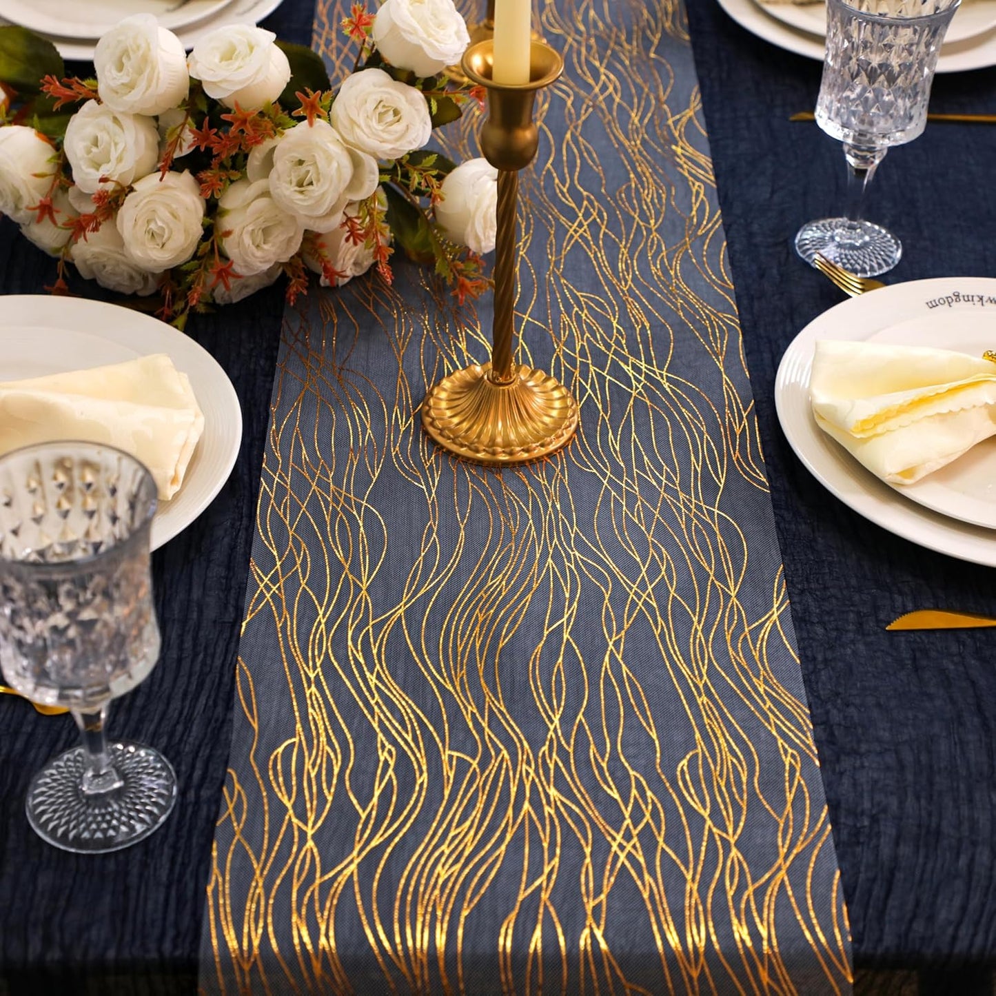 Snowkingdom 2 Pieces Gold Table Runner, Sequin Glitter Foil Metallic Thin Mesh Runner Roll 11"x108", Gold Table Decorations for Event Party, Wedding, Birthday Party, Christmas