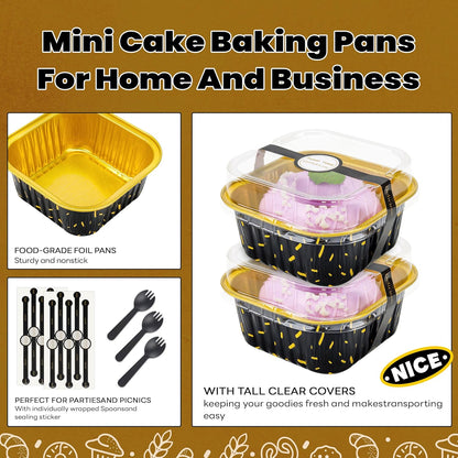 NPLUX 50 Pcs Mini Cake Pans with Lids and Spoons Aluminum Foil Mini Square Baking Cups with Lids Disposable Ramekins Cake Pans Dessert Cups for Wedding Mothers Day Gifts Party Favors(Pink,5oz)
