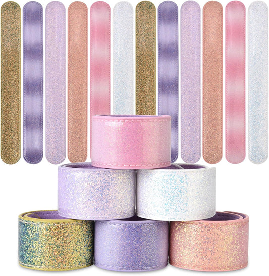 12Pcs Tpu Slap Bracelets for Kids, 6 Pastel Colors Soft and Safe Glitter Wirstband, Party Favors for Gilrs Birthday Gifts Classroom Prize Goodie Bag Stuffers