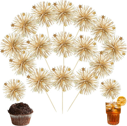 Ephlyn 30Pcs Foil Firework Cupcake Toppers Sparkle Tinsel Cupcake Picks Drink Stirrers Cocktail Food Fruit Toothpicks for Baby Shower Graduation Party Supplies White