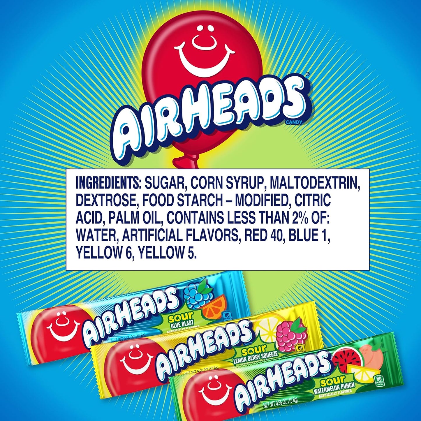 Airheads Full-Size Candy Bars, Taffy Candy Bulk Variety Pack, Individually Wrapped, Six Assorted Fruit Flavors Artificially Flavored, 60 Count Box