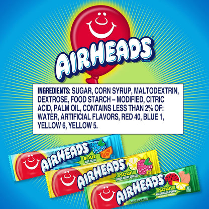 Airheads Full-Size Candy Bars, Taffy Candy Bulk Variety Pack, Individually Wrapped, Six Assorted Fruit Flavors Artificially Flavored, 60 Count Box